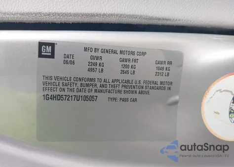 2007 Buick Lucerne Cxl из США, поврежденный, VIN 1G4HD57217U105057